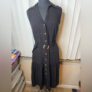 Falls Creek Black Sleeveless Linen Blend Tiered Belted Midi Dress